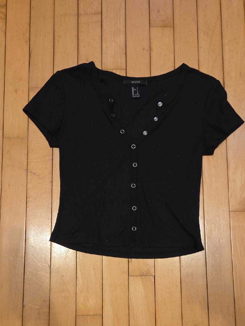 Black Button-Front Short Sleeve Top